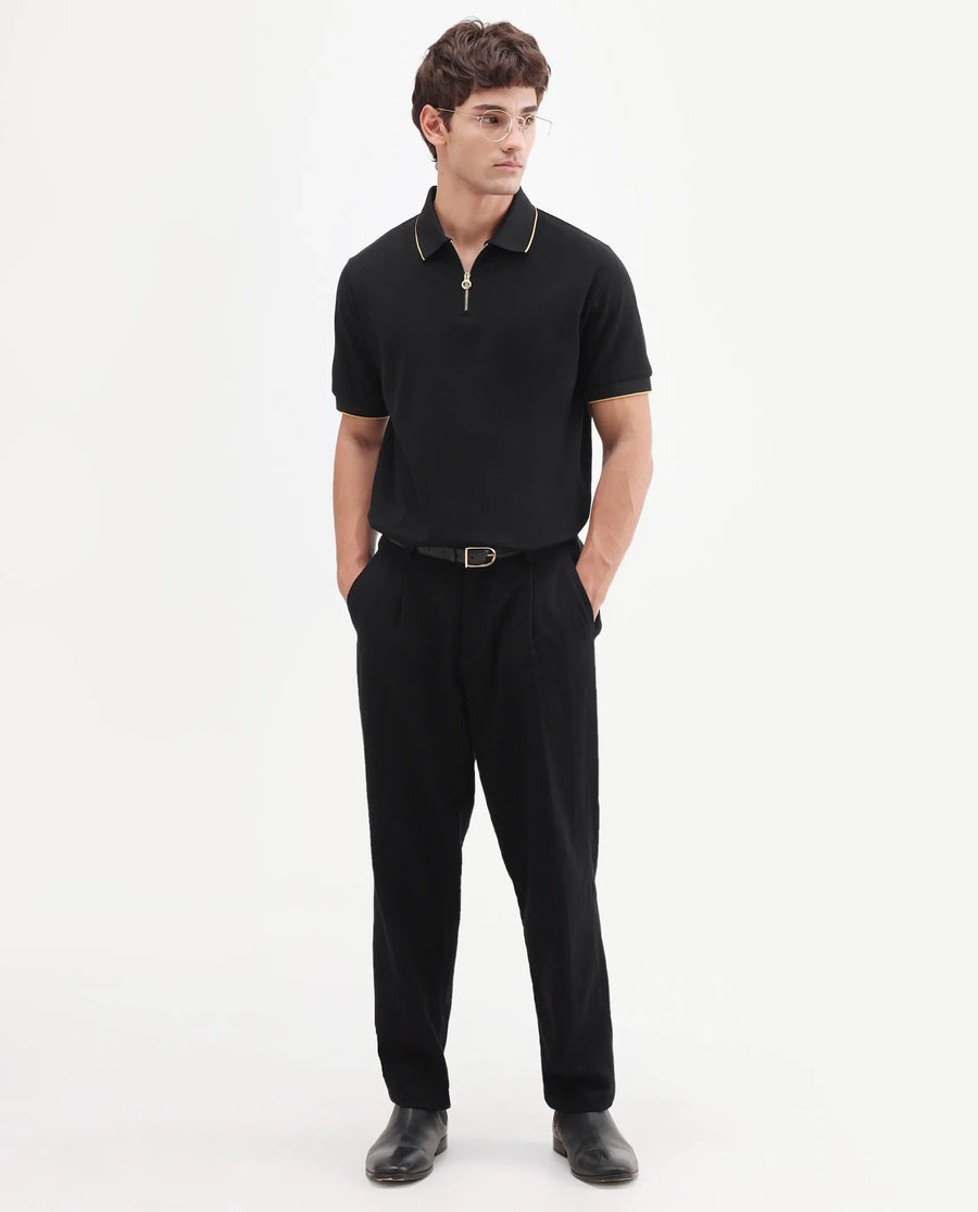 Rare Rabbit Men's Zirno Black Cotton Fabric Half Sleeve Spread Collar Regular Fit Plain Polo