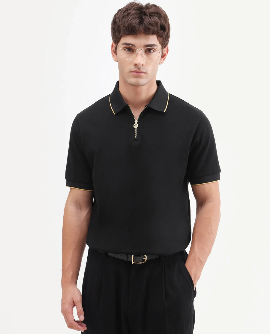 Rare Rabbit Men's Zirno Black Cotton Fabric Half Sleeve Spread Collar Regular Fit Plain Polo