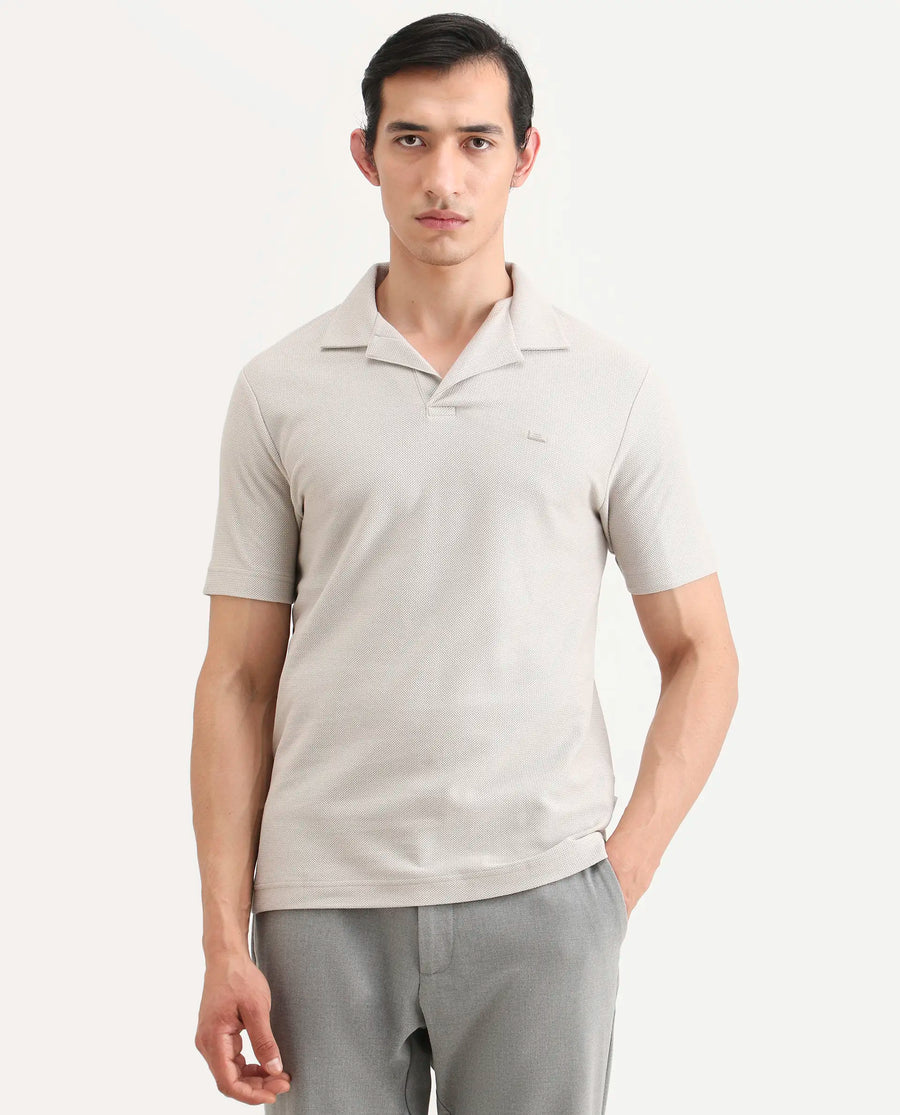 Rare Rabbit Men's Zorv-S26 Dusky Grey Cotton Fabric Half Sleeve Cuban Collar Regular Fit Textured Polo