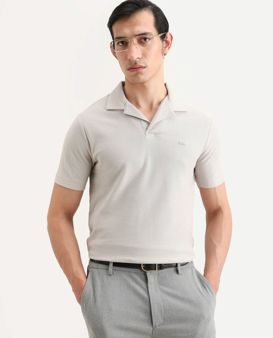 Rare Rabbit Men's Zorv-S26 Dusky Grey Cotton Fabric Half Sleeve Cuban Collar Regular Fit Textured Polo