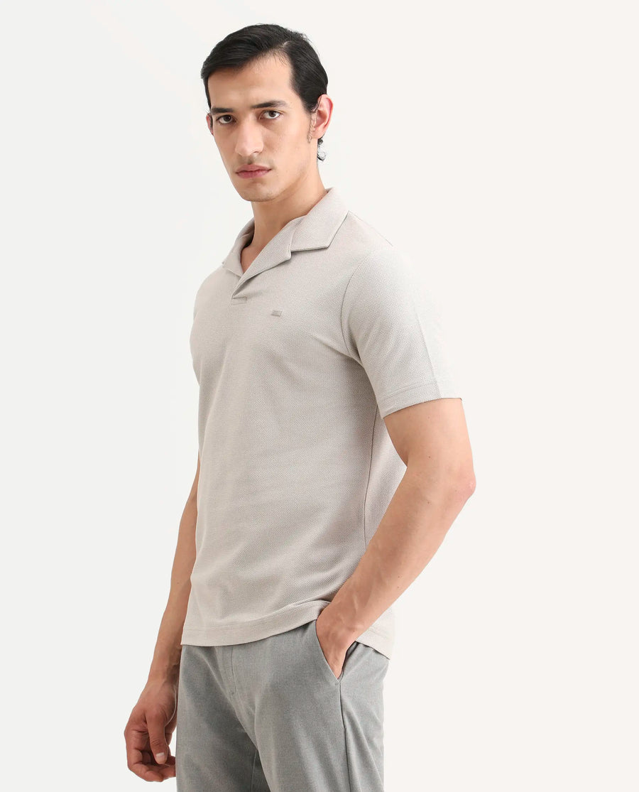 Rare Rabbit Men's Zorv-S26 Dusky Grey Cotton Fabric Half Sleeve Cuban Collar Regular Fit Textured Polo