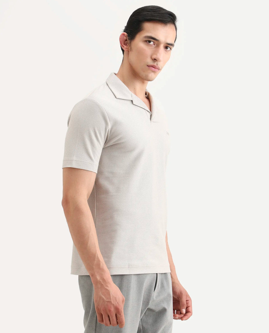 Rare Rabbit Men's Zorv-S26 Dusky Grey Cotton Fabric Half Sleeve Cuban Collar Regular Fit Textured Polo