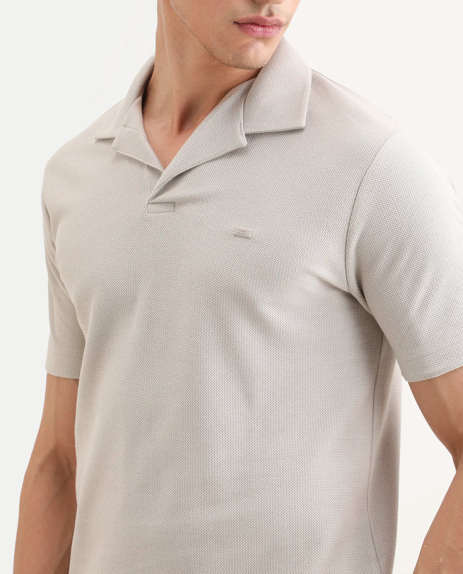Rare Rabbit Men's Zorv-S26 Dusky Grey Cotton Fabric Half Sleeve Cuban Collar Regular Fit Textured Polo
