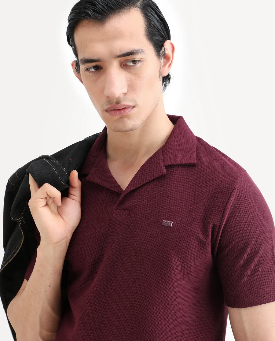 Rare Rabbit Men's Zorv-S26 Dark Red Cotton Fabric Half Sleeve Cuban Collar Regular Fit Textured Polo
