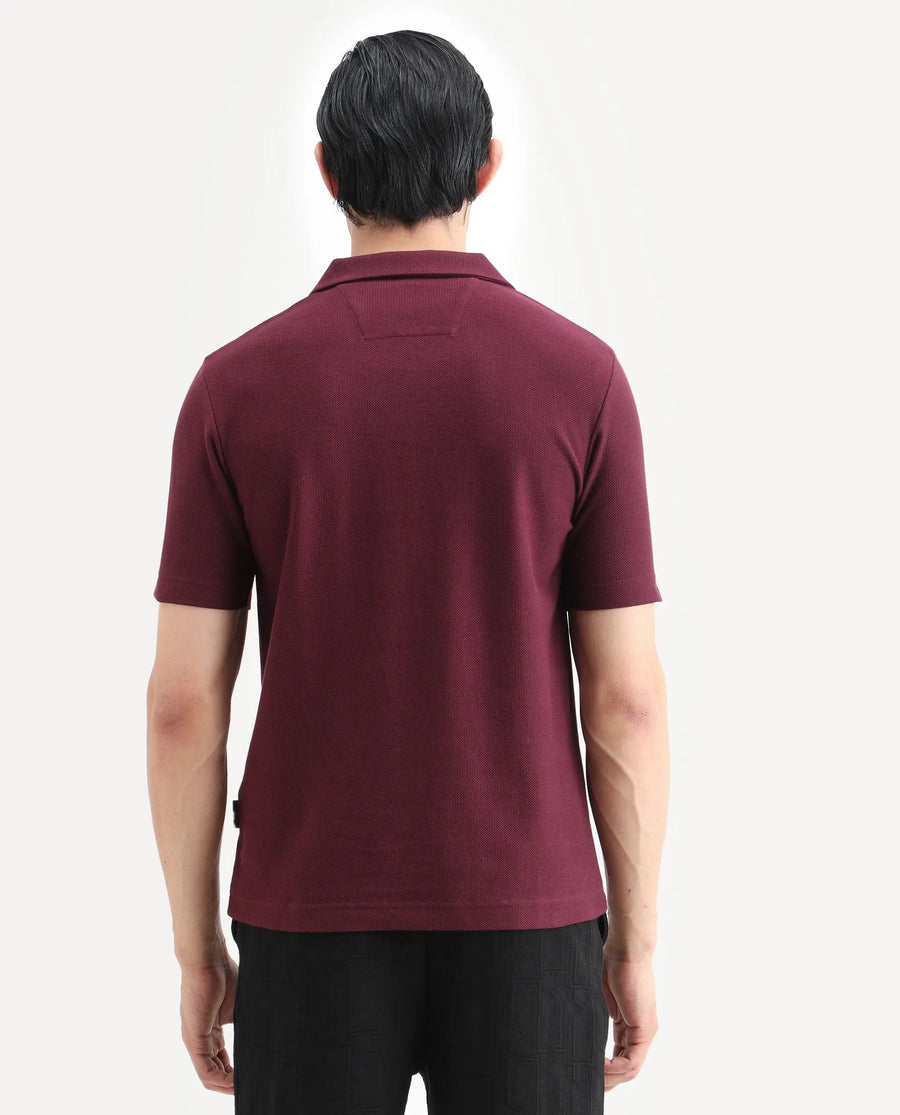 Rare Rabbit Men's Zorv-S26 Dark Red Cotton Fabric Half Sleeve Cuban Collar Regular Fit Textured Polo