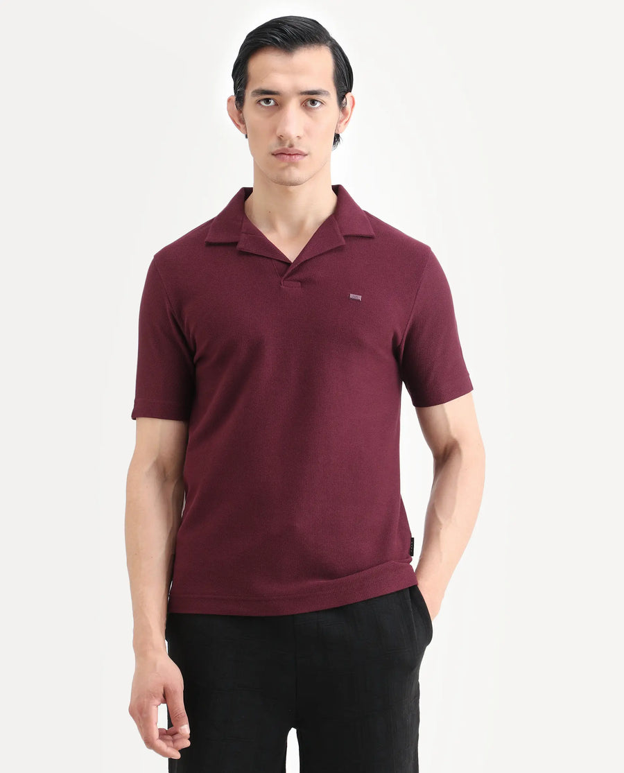 Rare Rabbit Men's Zorv-S26 Dark Red Cotton Fabric Half Sleeve Cuban Collar Regular Fit Textured Polo