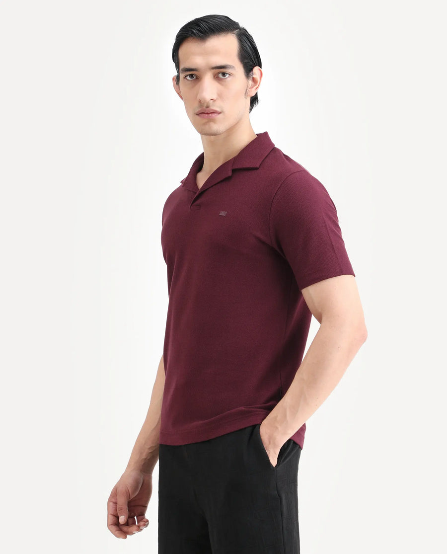 Rare Rabbit Men's Zorv-S26 Dark Red Cotton Fabric Half Sleeve Cuban Collar Regular Fit Textured Polo