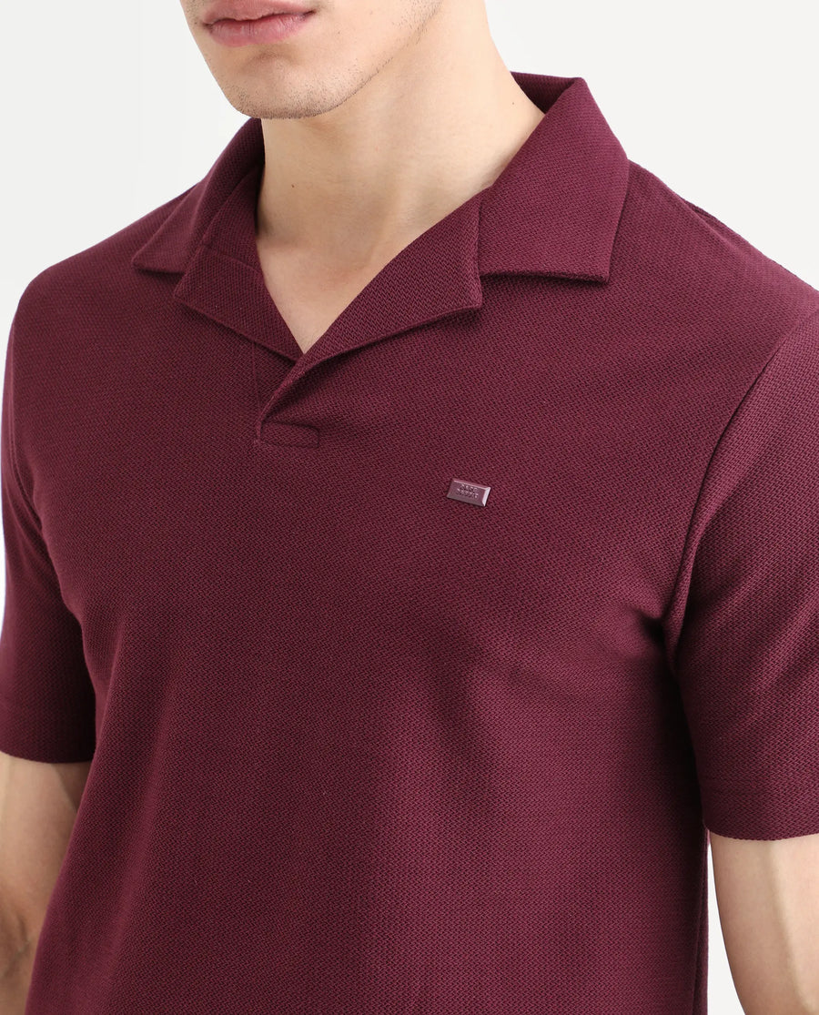 Rare Rabbit Men's Zorv-S26 Dark Red Cotton Fabric Half Sleeve Cuban Collar Regular Fit Textured Polo
