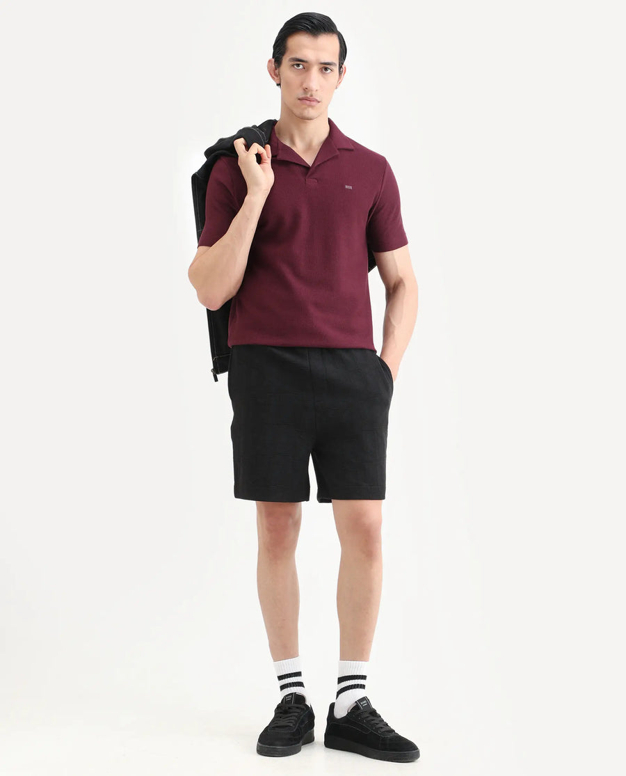 Rare Rabbit Men's Zorv-S26 Dark Red Cotton Fabric Half Sleeve Cuban Collar Regular Fit Textured Polo