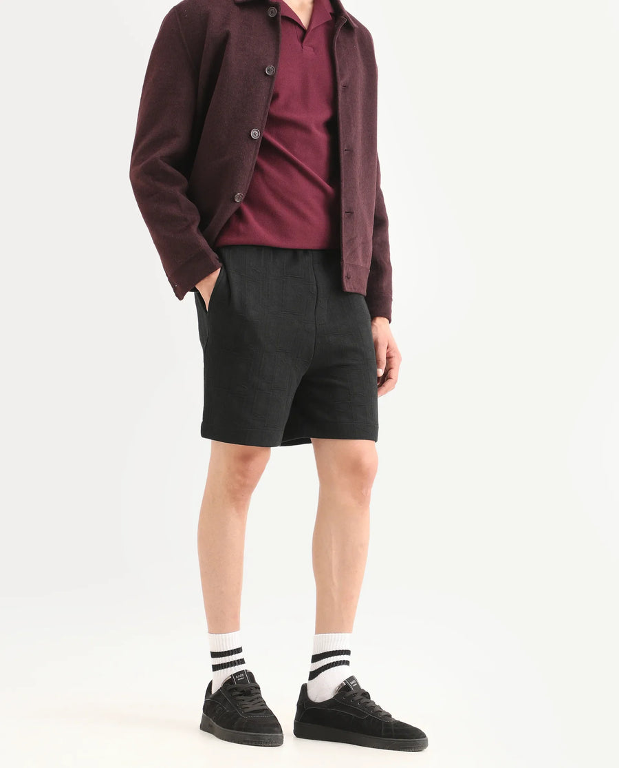 Rare Rabbit Men's Jas-1-Sh Black Polyester Blend Fabric Regular Fit Textured Shorts