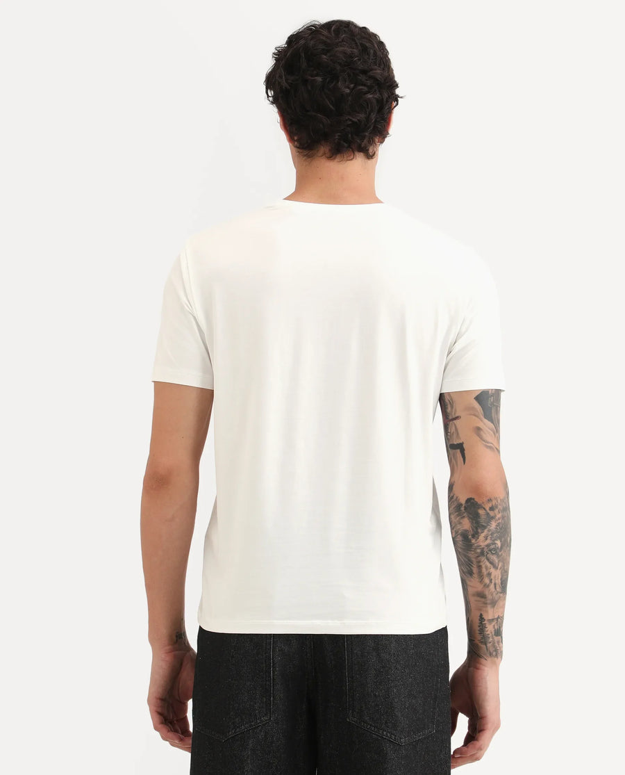 Rare Rabbit Men's Anc White Cotton Blend Fabric Half Sleeve Crew Neck Regular Fit Graphic Print T-Shirt