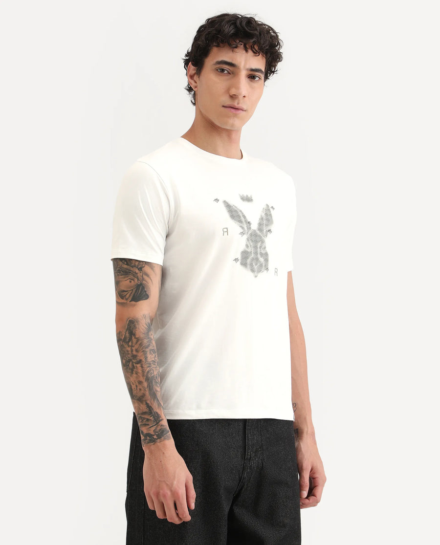 Rare Rabbit Men's Anc White Cotton Blend Fabric Half Sleeve Crew Neck Regular Fit Graphic Print T-Shirt