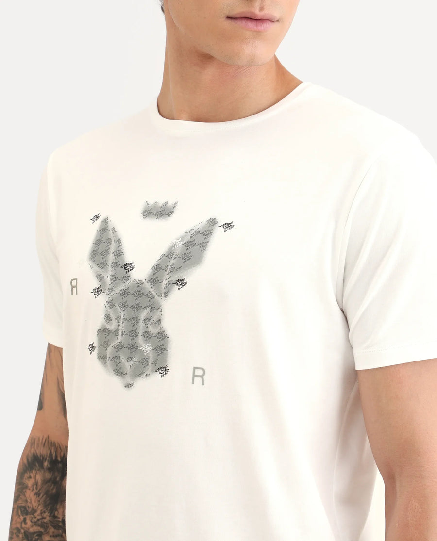 Rare Rabbit Men's Anc White Cotton Blend Fabric Half Sleeve Crew Neck Regular Fit Graphic Print T-Shirt