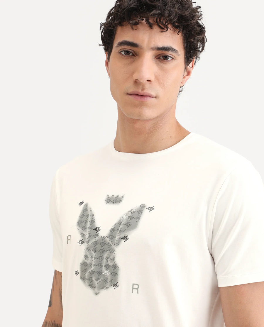 Rare Rabbit Men's Anc White Cotton Blend Fabric Half Sleeve Crew Neck Regular Fit Graphic Print T-Shirt