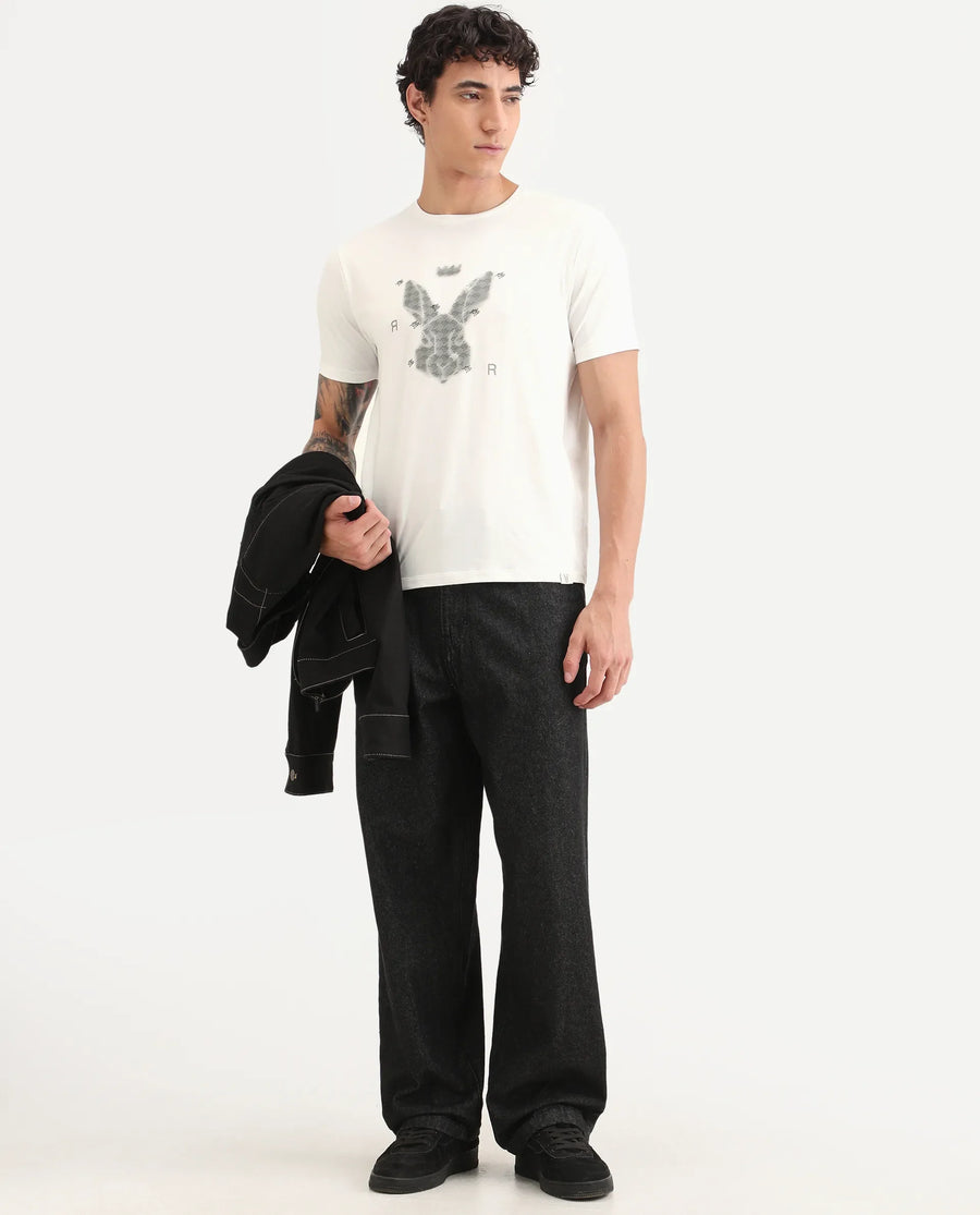 Rare Rabbit Men's Anc White Cotton Blend Fabric Half Sleeve Crew Neck Regular Fit Graphic Print T-Shirt