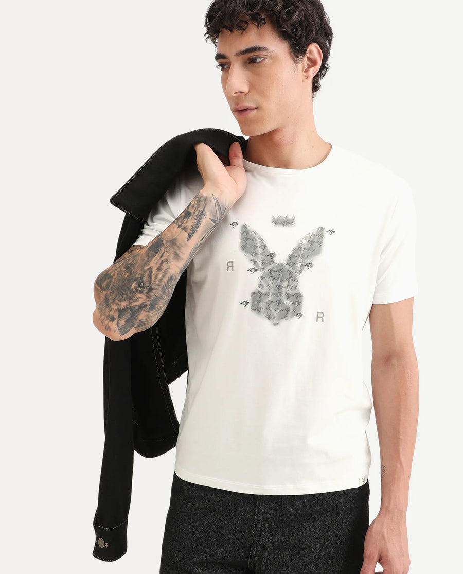 Rare Rabbit Men's Anc White Cotton Blend Fabric Half Sleeve Crew Neck Regular Fit Graphic Print T-Shirt