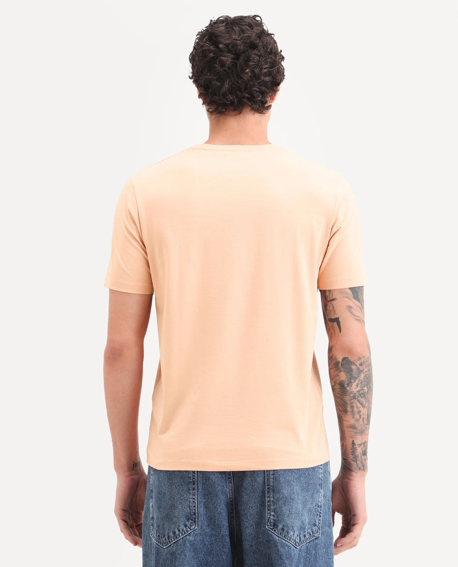 Rare Rabbit Men's Anc Peach Cotton Blend Fabric Half Sleeve Crew Neck Regular Fit Graphic Print T-Shirt