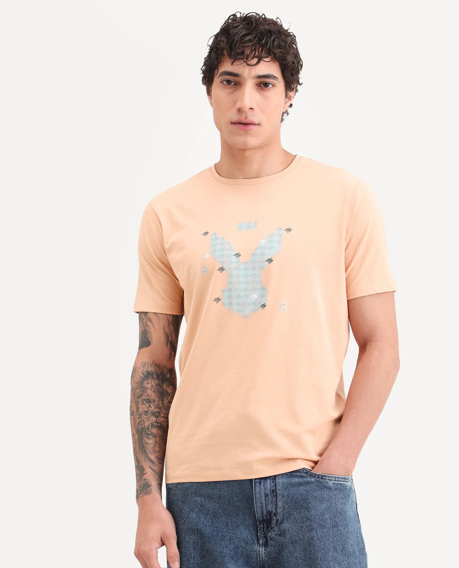 Rare Rabbit Men's Anc Peach Cotton Blend Fabric Half Sleeve Crew Neck Regular Fit Graphic Print T-Shirt
