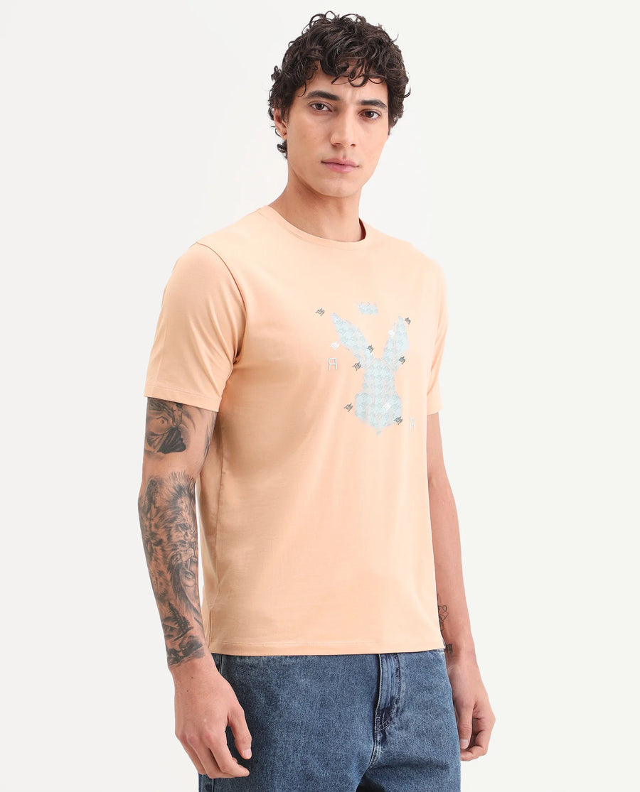 Rare Rabbit Men's Anc Peach Cotton Blend Fabric Half Sleeve Crew Neck Regular Fit Graphic Print T-Shirt