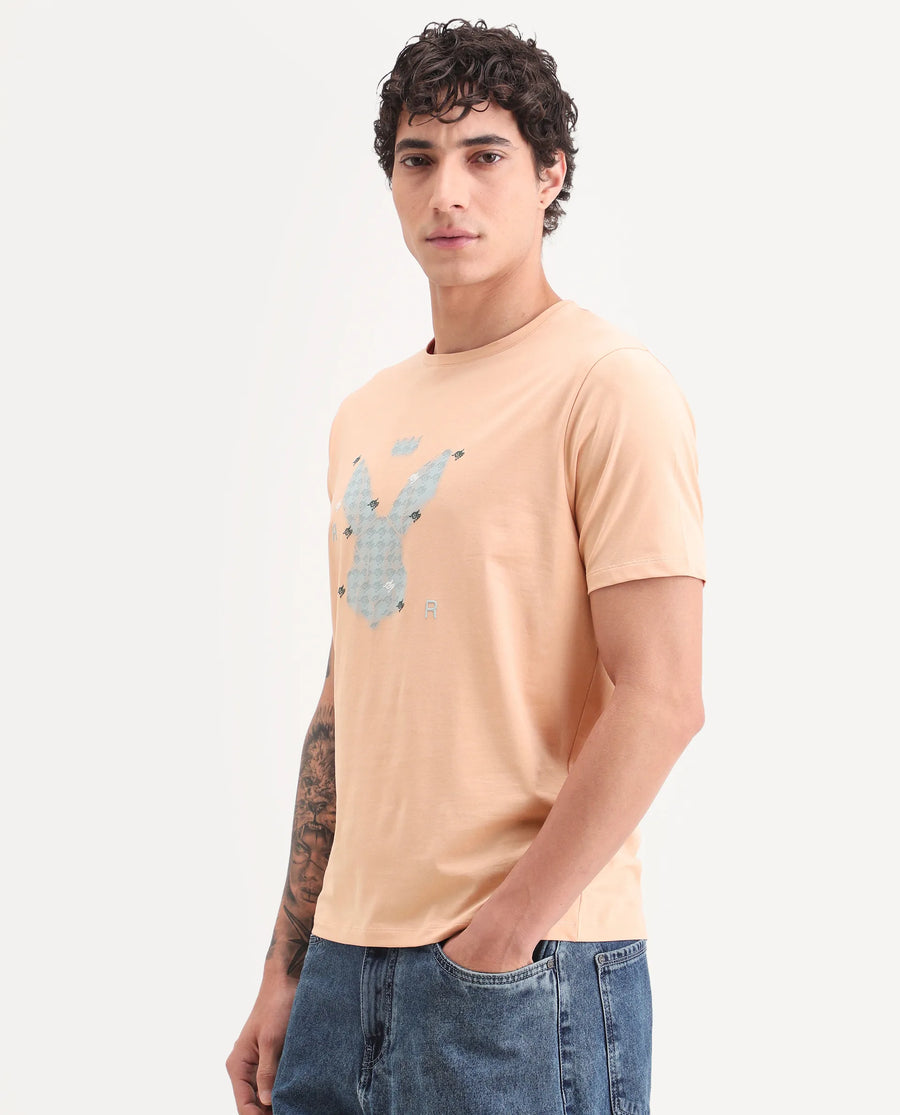 Rare Rabbit Men's Anc Peach Cotton Blend Fabric Half Sleeve Crew Neck Regular Fit Graphic Print T-Shirt