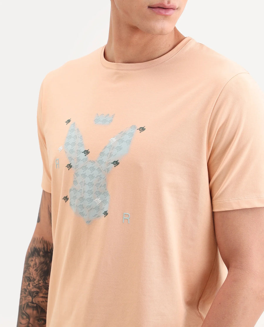 Rare Rabbit Men's Anc Peach Cotton Blend Fabric Half Sleeve Crew Neck Regular Fit Graphic Print T-Shirt