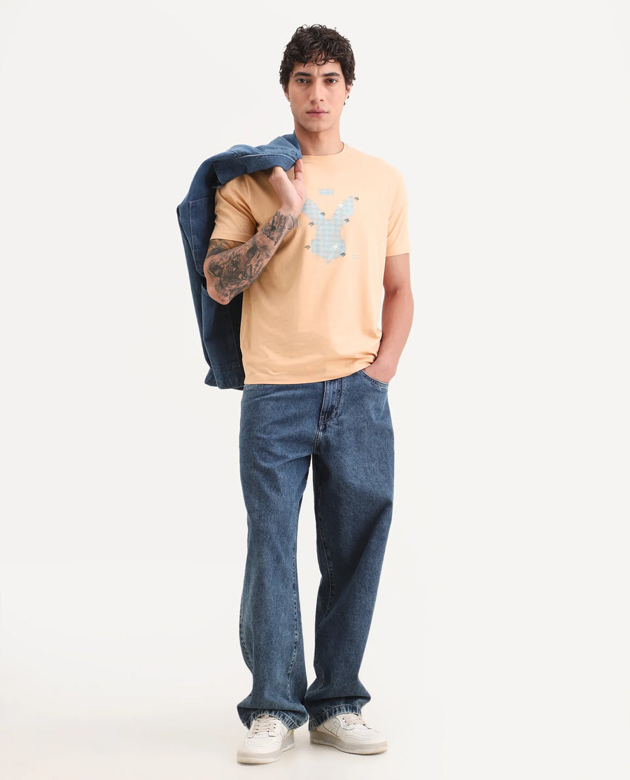 Rare Rabbit Men's Anc Peach Cotton Blend Fabric Half Sleeve Crew Neck Regular Fit Graphic Print T-Shirt