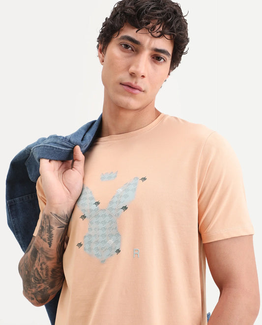 Rare Rabbit Men's Anc Peach Cotton Blend Fabric Half Sleeve Crew Neck Regular Fit Graphic Print T-Shirt