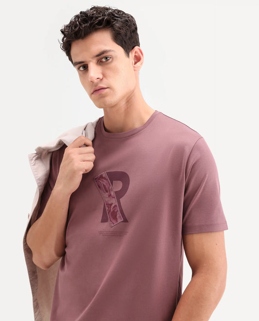 Rare Rabbit Men's Apli Dusky Pink Cotton Fabric Half Sleeve Crew Neck Regular Fit Graphic Print T-Shirt