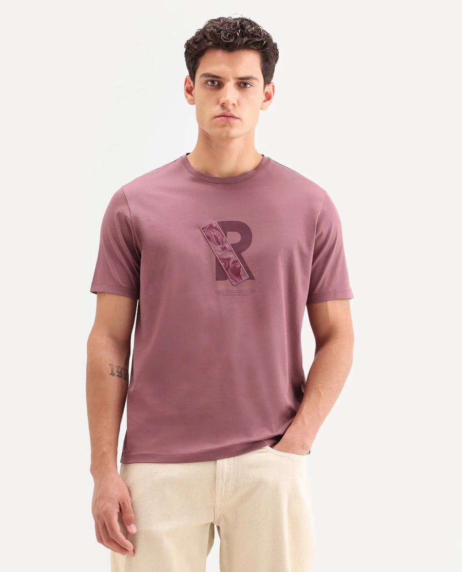 Rare Rabbit Men's Apli Dusky Pink Cotton Fabric Half Sleeve Crew Neck Regular Fit Graphic Print T-Shirt