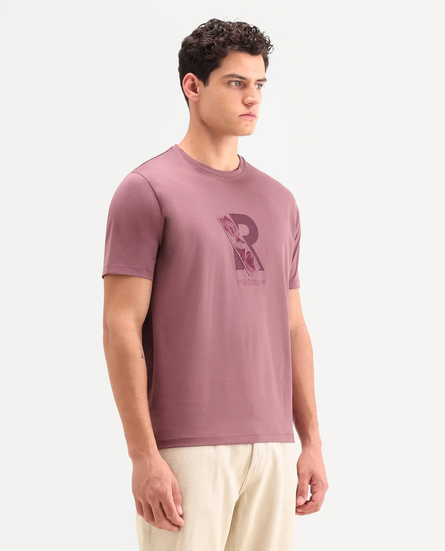 Rare Rabbit Men's Apli Dusky Pink Cotton Fabric Half Sleeve Crew Neck Regular Fit Graphic Print T-Shirt