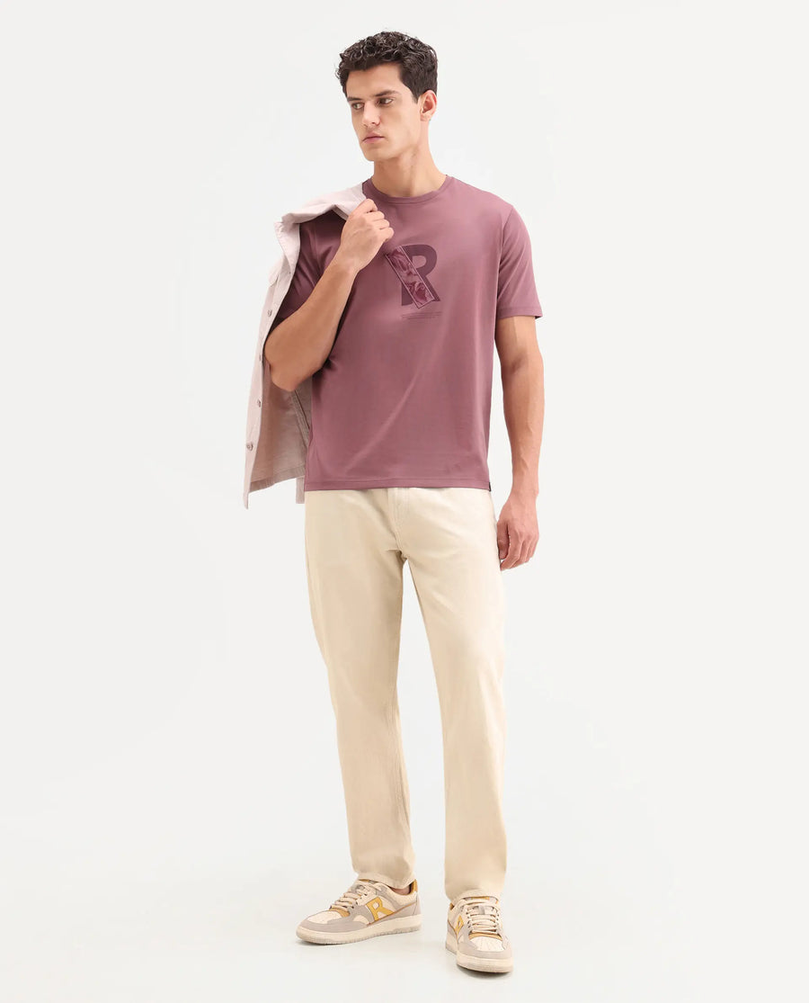 Rare Rabbit Men's Apli Dusky Pink Cotton Fabric Half Sleeve Crew Neck Regular Fit Graphic Print T-Shirt
