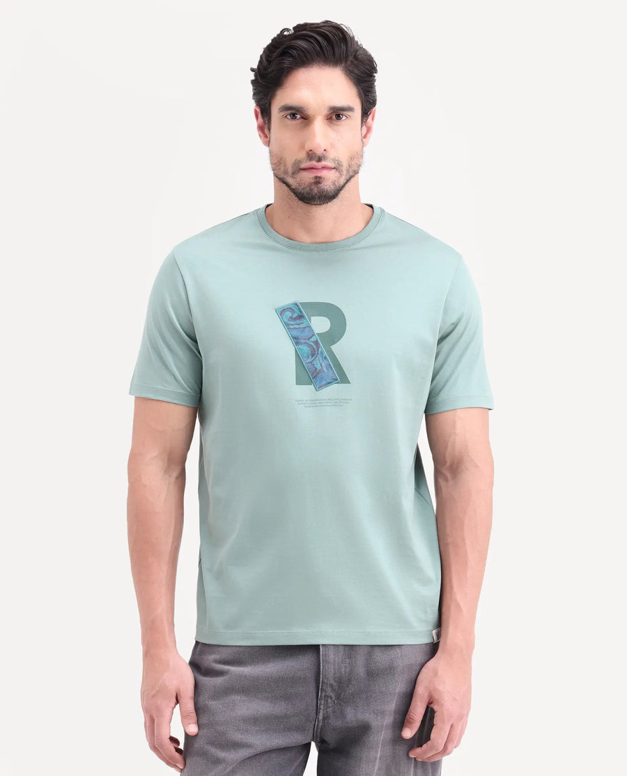 Rare Rabbit Men's Apli Dusky Green Cotton Fabric Half Sleeve Crew Neck Regular Fit Graphic Print T-Shirt