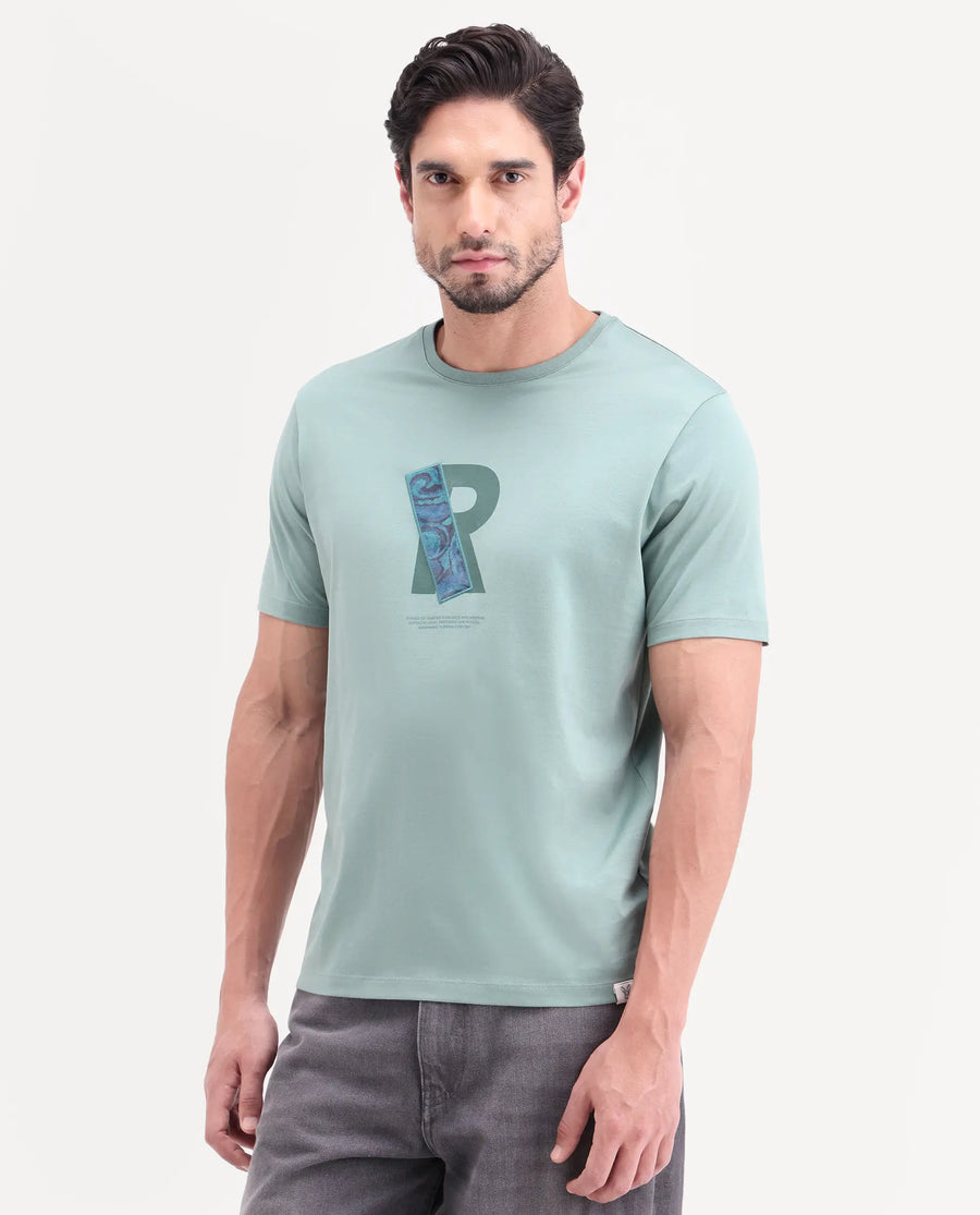 Rare Rabbit Men's Apli Dusky Green Cotton Fabric Half Sleeve Crew Neck Regular Fit Graphic Print T-Shirt