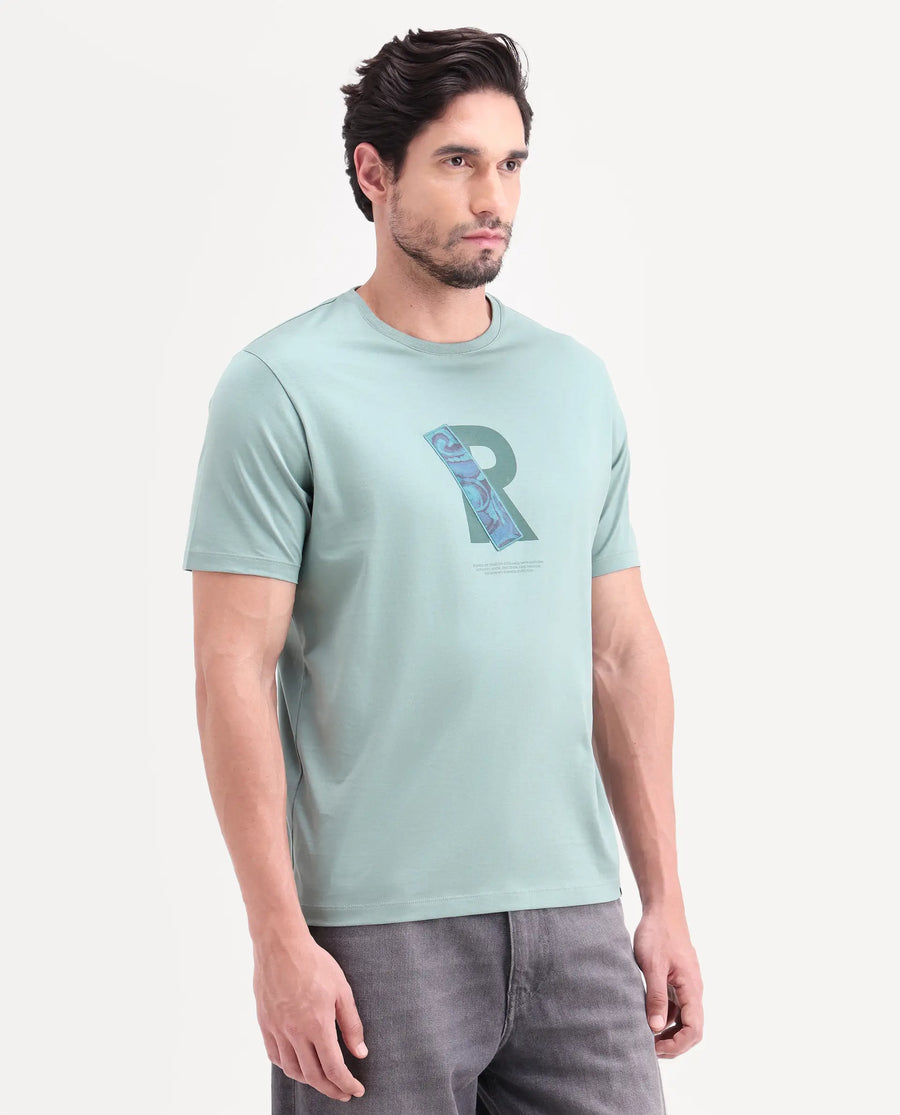 Rare Rabbit Men's Apli Dusky Green Cotton Fabric Half Sleeve Crew Neck Regular Fit Graphic Print T-Shirt