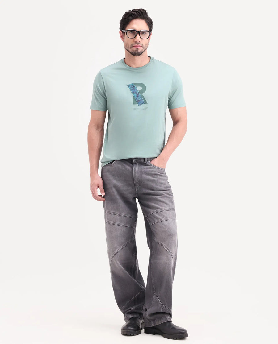 Rare Rabbit Men's Apli Dusky Green Cotton Fabric Half Sleeve Crew Neck Regular Fit Graphic Print T-Shirt