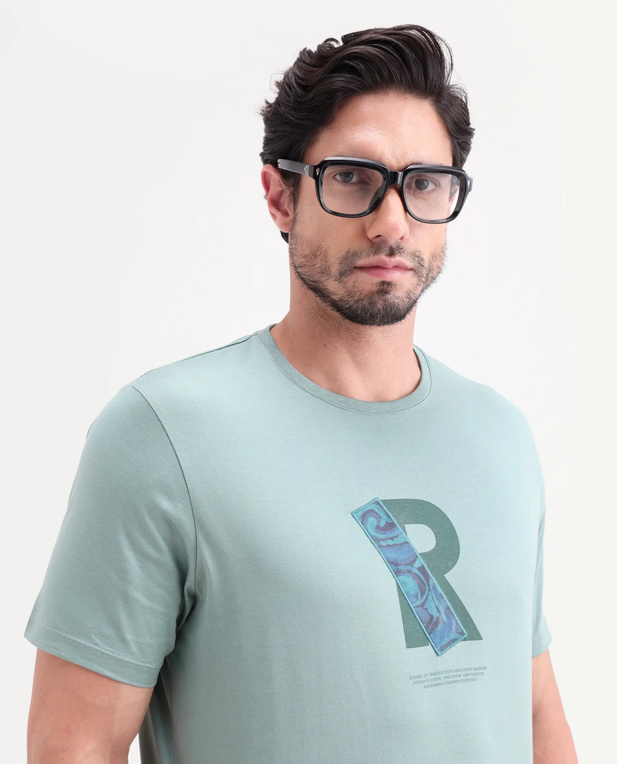 Rare Rabbit Men's Apli Dusky Green Cotton Fabric Half Sleeve Crew Neck Regular Fit Graphic Print T-Shirt