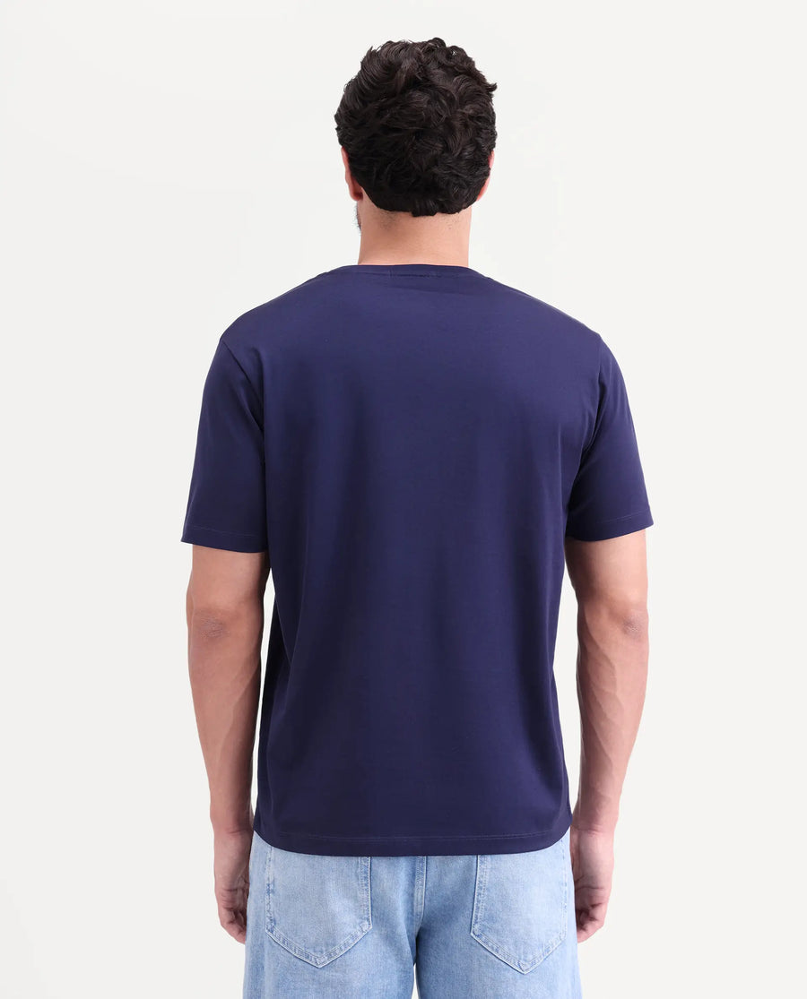 Rare Rabbit Men's Apli Flouroscent Navy Cotton Fabric Half Sleeve Crew Neck Regular Fit Graphic Print T-Shirt