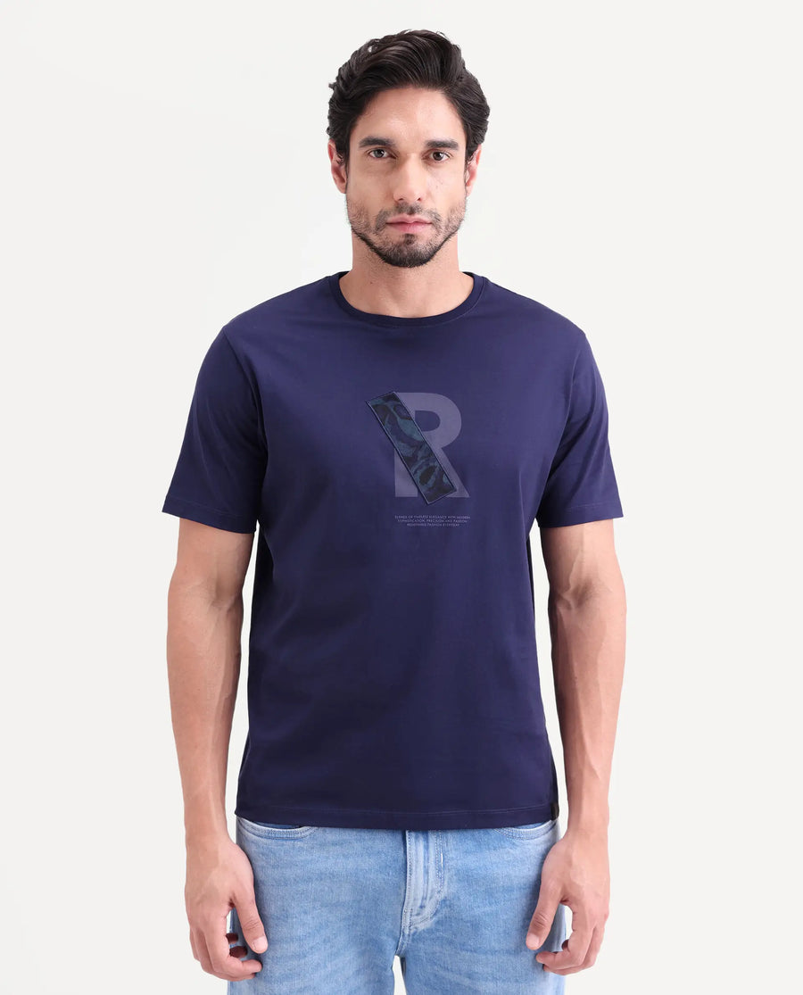 Rare Rabbit Men's Apli Flouroscent Navy Cotton Fabric Half Sleeve Crew Neck Regular Fit Graphic Print T-Shirt