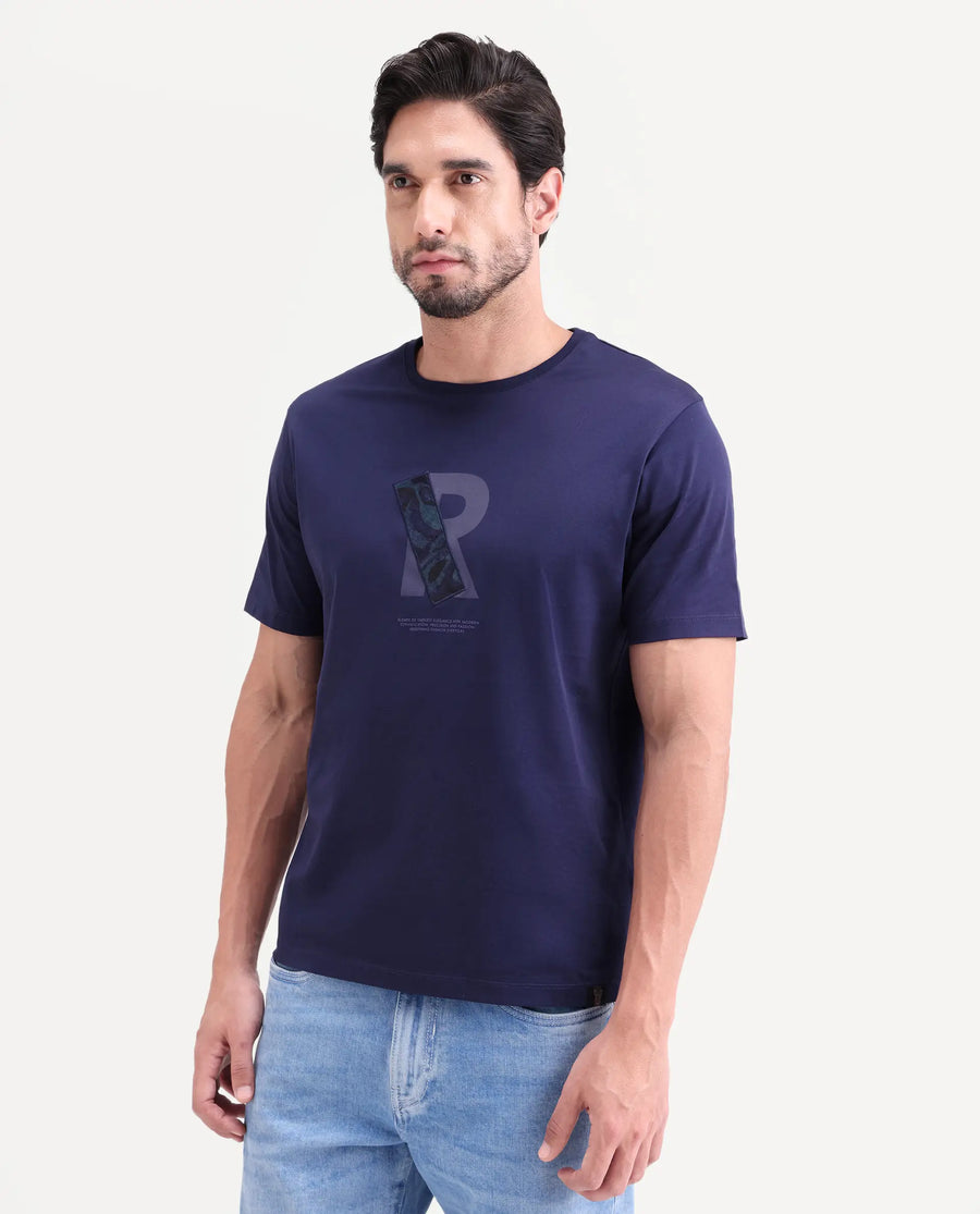 Rare Rabbit Men's Apli Flouroscent Navy Cotton Fabric Half Sleeve Crew Neck Regular Fit Graphic Print T-Shirt