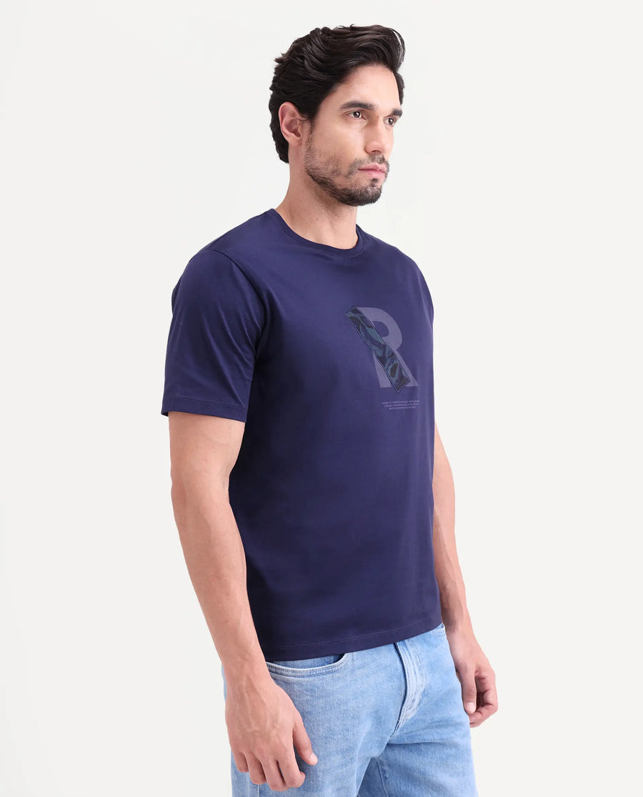 Rare Rabbit Men's Apli Flouroscent Navy Cotton Fabric Half Sleeve Crew Neck Regular Fit Graphic Print T-Shirt