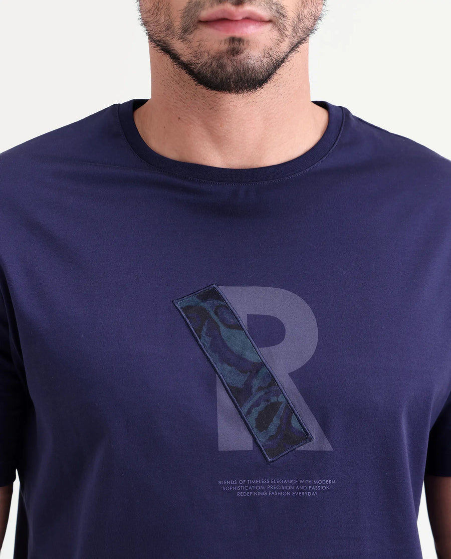 Rare Rabbit Men's Apli Flouroscent Navy Cotton Fabric Half Sleeve Crew Neck Regular Fit Graphic Print T-Shirt