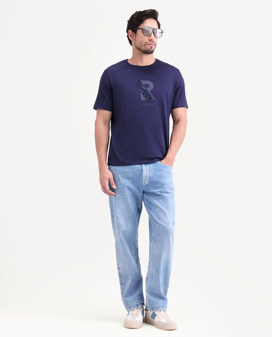 Rare Rabbit Men's Apli Flouroscent Navy Cotton Fabric Half Sleeve Crew Neck Regular Fit Graphic Print T-Shirt