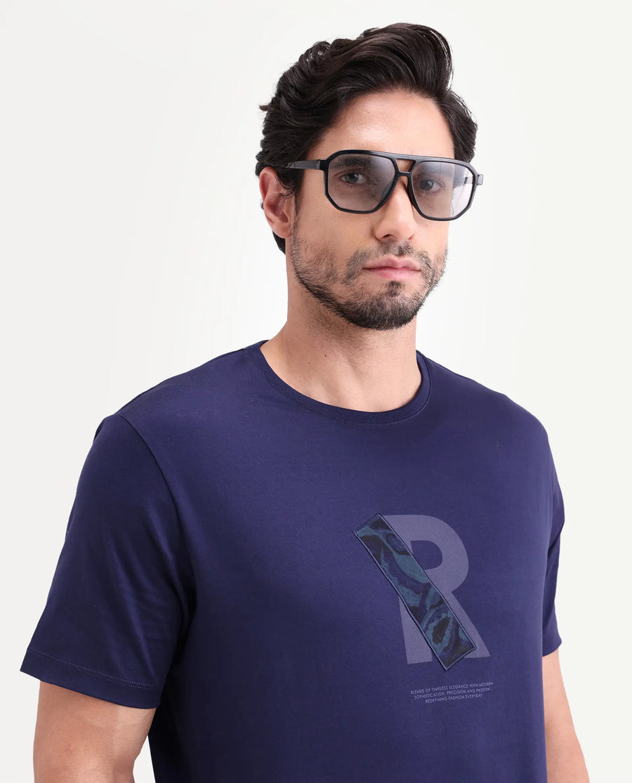 Rare Rabbit Men's Apli Flouroscent Navy Cotton Fabric Half Sleeve Crew Neck Regular Fit Graphic Print T-Shirt