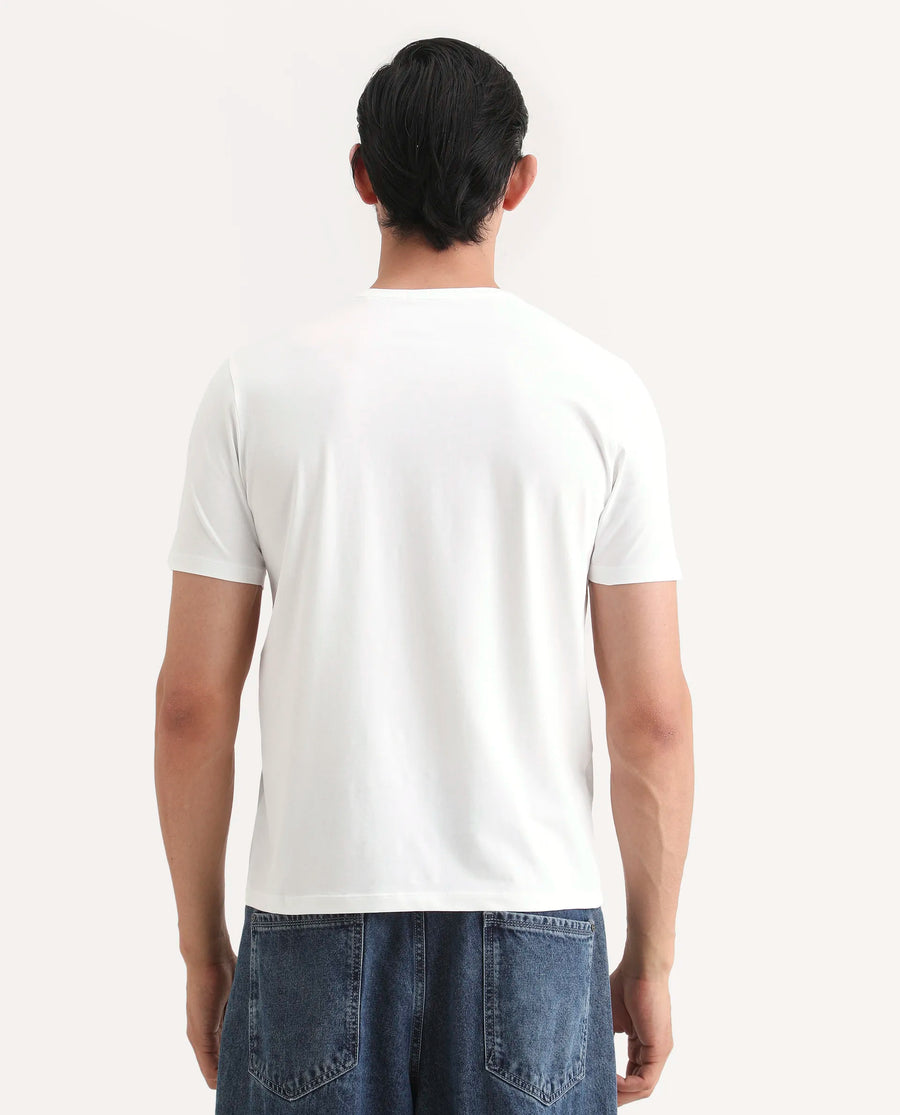 Rare Rabbit Men's Arota-S26 White Cotton Blend Fabric Half Sleeve Crew Neck Regular Fit Graphic Print T-Shirt