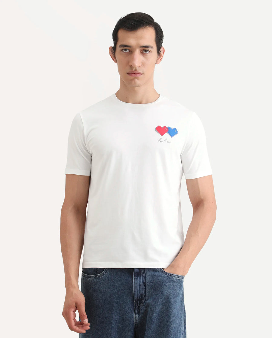 Rare Rabbit Men's Arota-S26 White Cotton Blend Fabric Half Sleeve Crew Neck Regular Fit Graphic Print T-Shirt