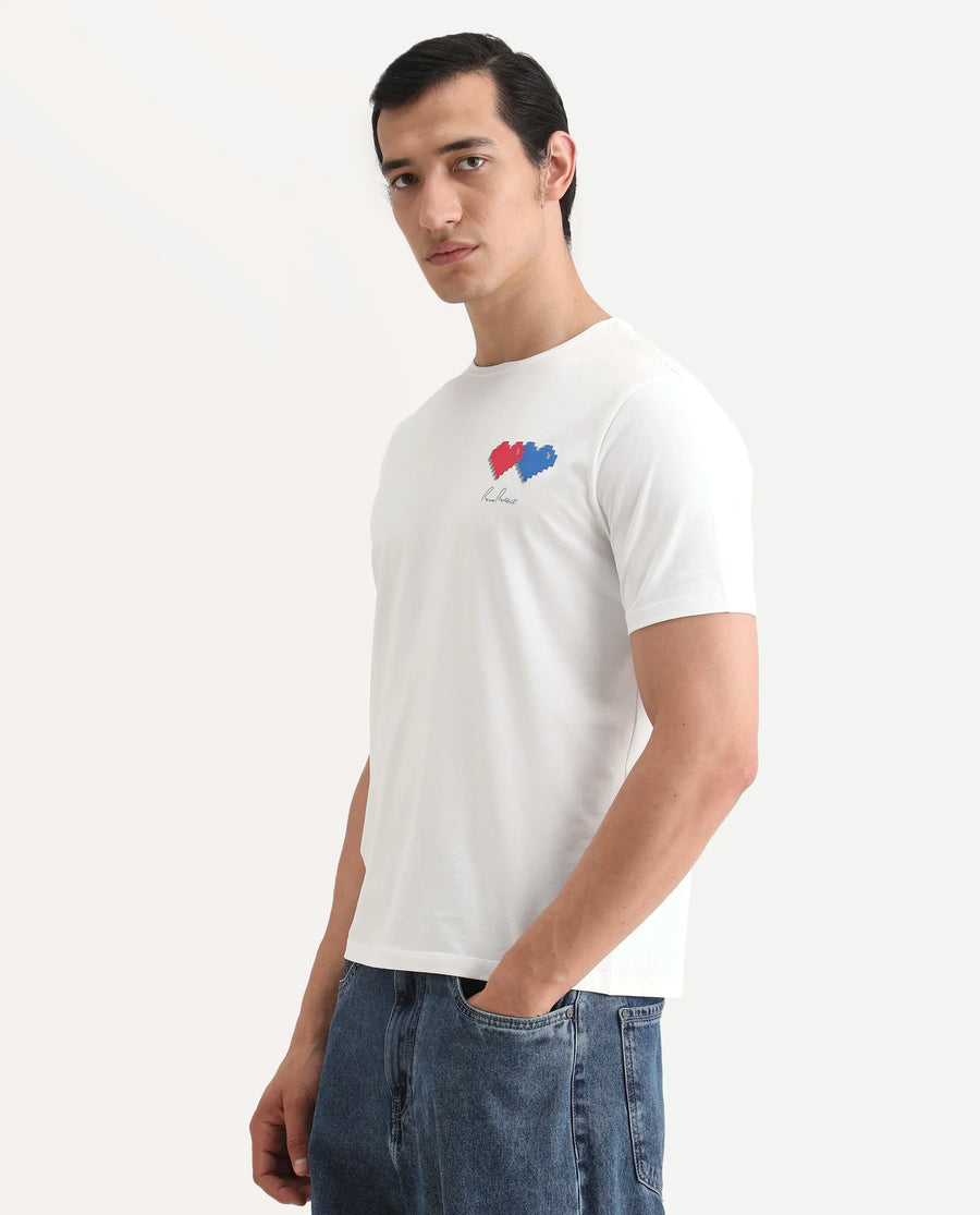 Rare Rabbit Men's Arota-S26 White Cotton Blend Fabric Half Sleeve Crew Neck Regular Fit Graphic Print T-Shirt