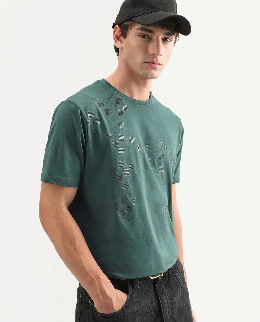 Rare Rabbit Men's Ary Dusky Green Cotton Blend Fabric Half Sleeve Crew Neck Regular Fit Graphic Print T-Shirt