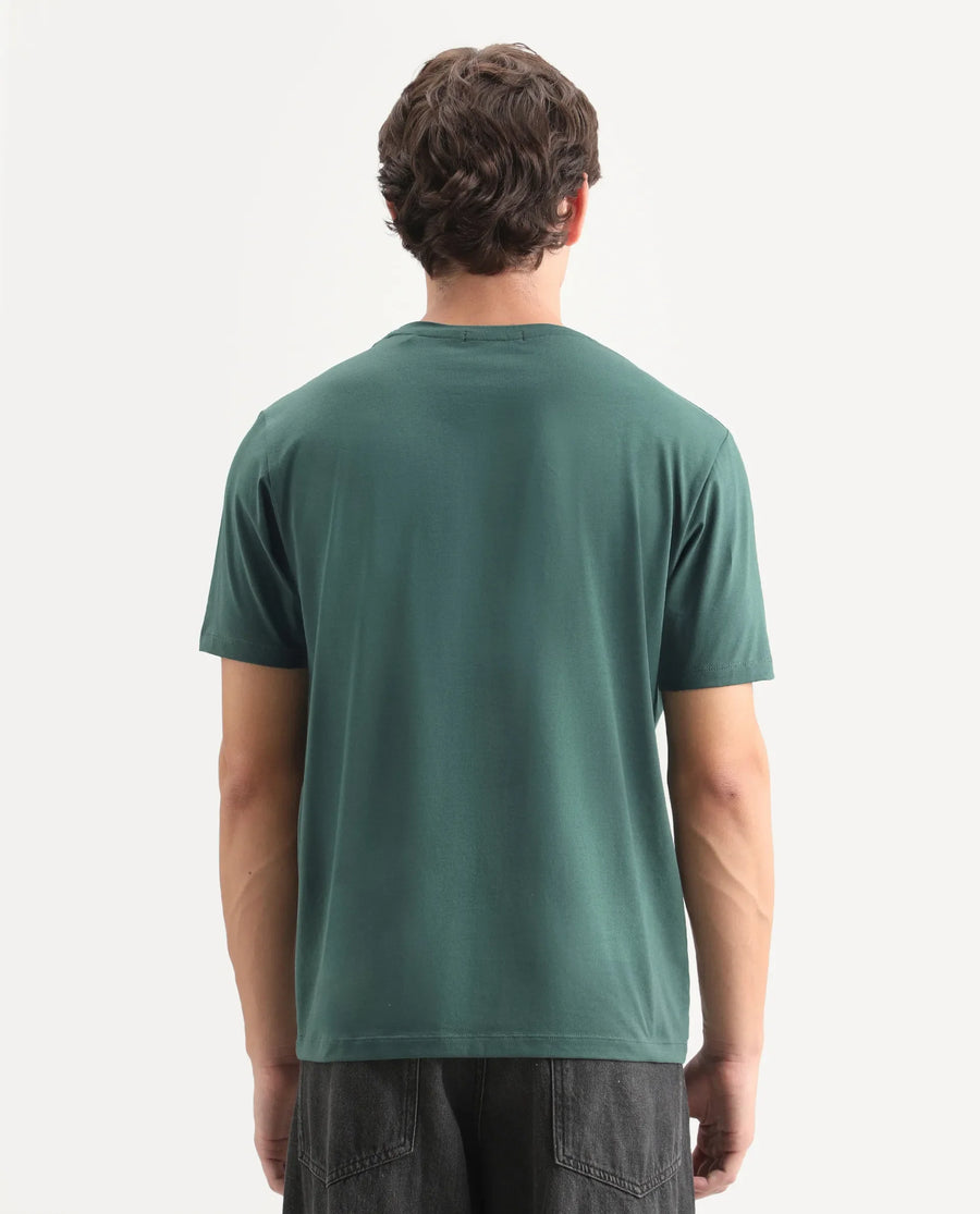 Rare Rabbit Men's Ary Dusky Green Cotton Blend Fabric Half Sleeve Crew Neck Regular Fit Graphic Print T-Shirt