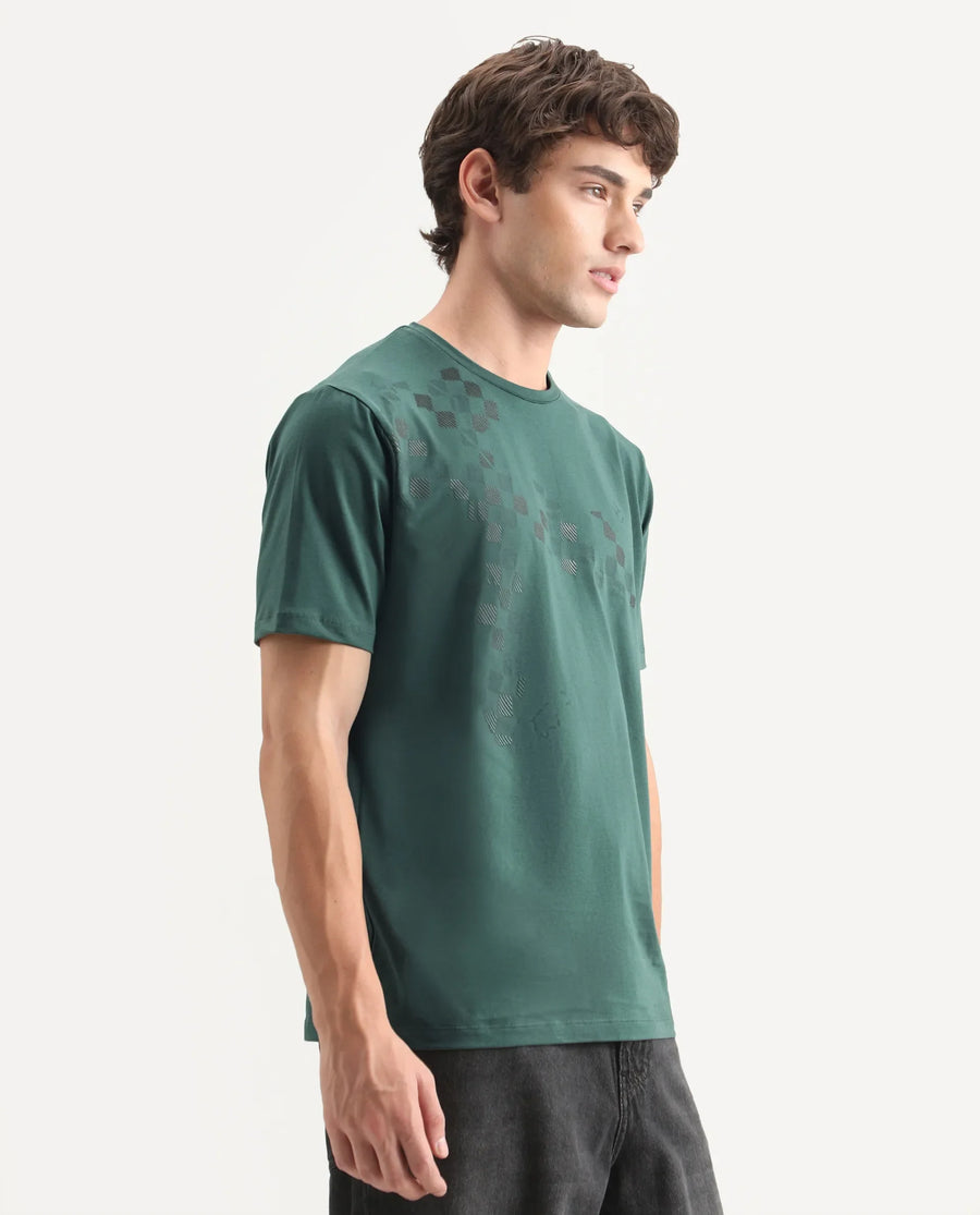 Rare Rabbit Men's Ary Dusky Green Cotton Blend Fabric Half Sleeve Crew Neck Regular Fit Graphic Print T-Shirt