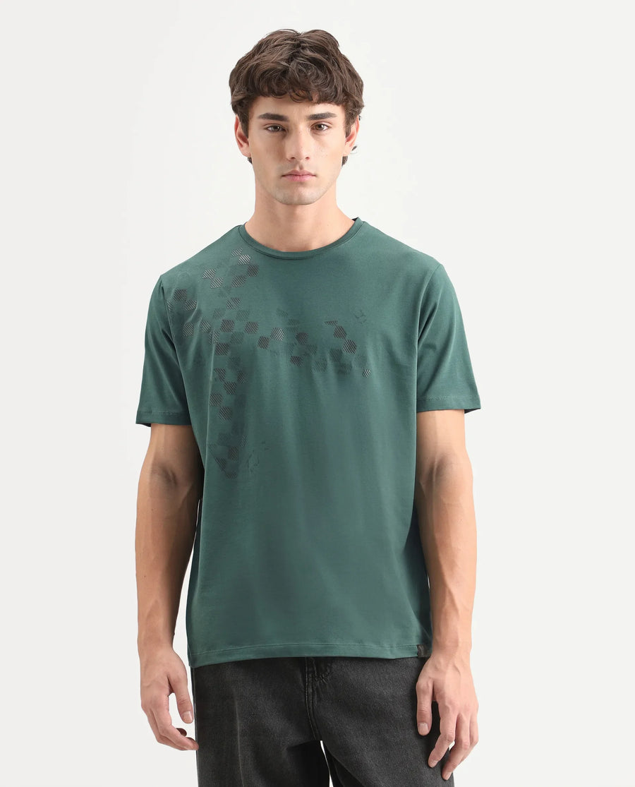 Rare Rabbit Men's Ary Dusky Green Cotton Blend Fabric Half Sleeve Crew Neck Regular Fit Graphic Print T-Shirt